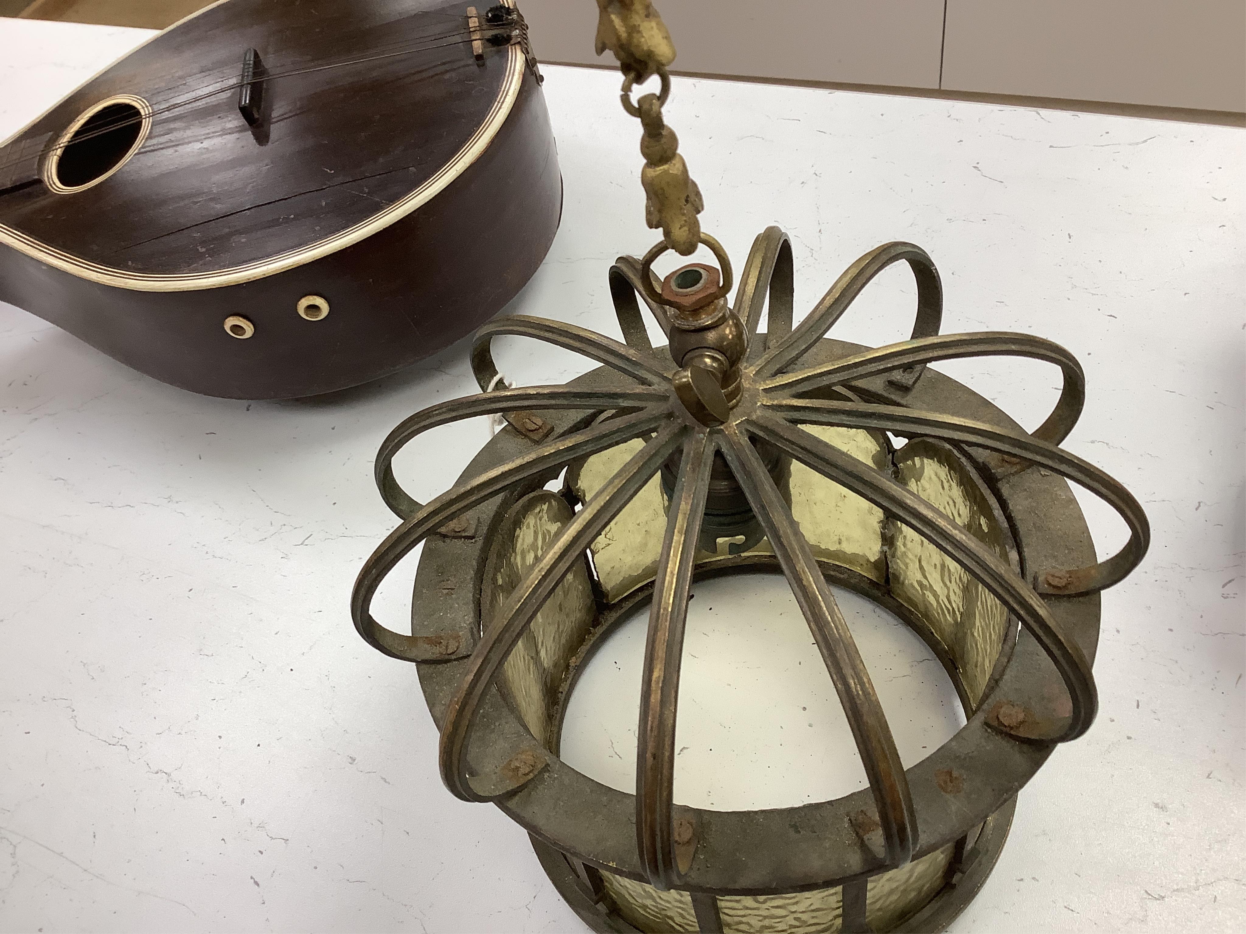 A brass and glass hanging ‘crown’ ceiling pendant, 20cm diameter